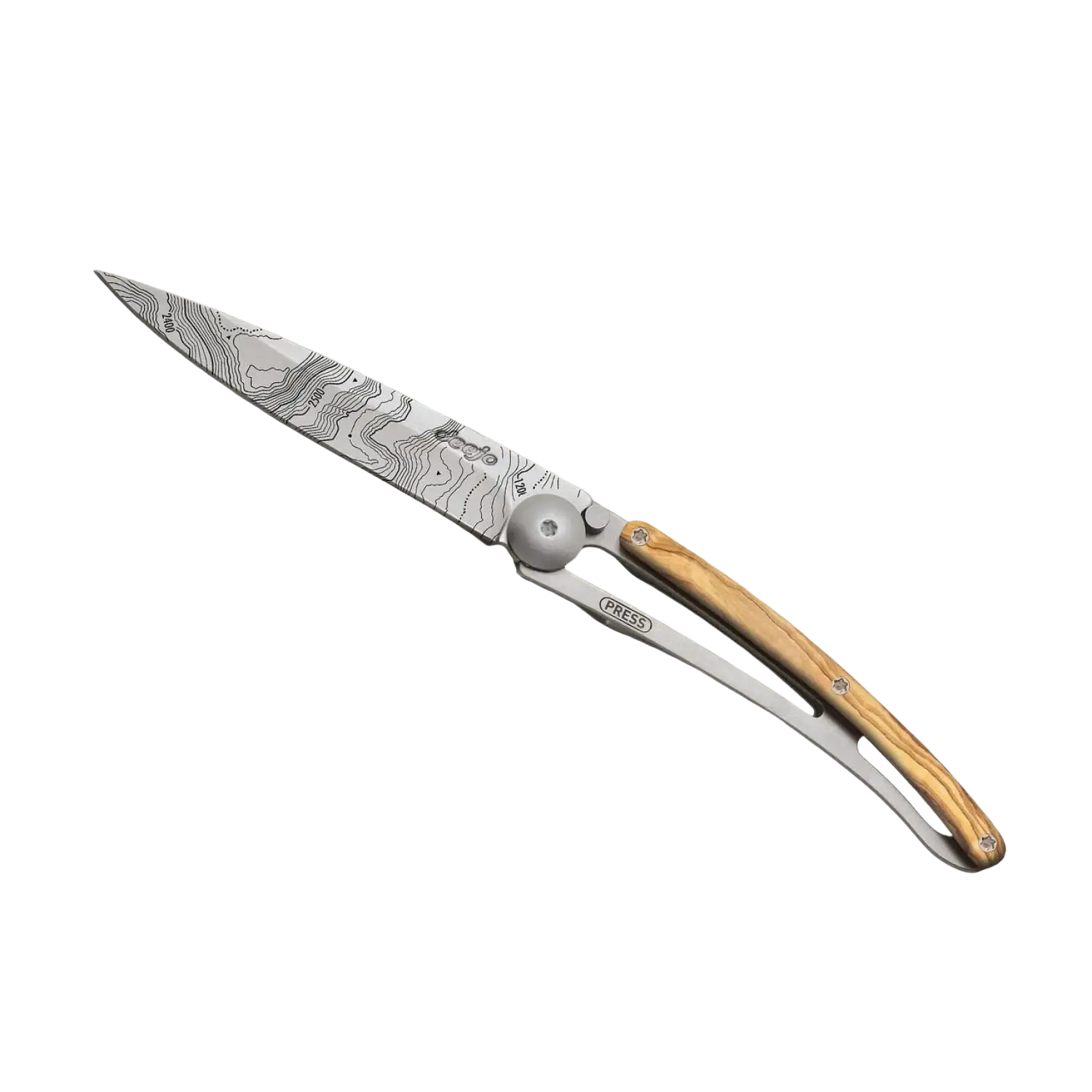 Deejo Topo Knife 27g in olive wood and silver, open side view