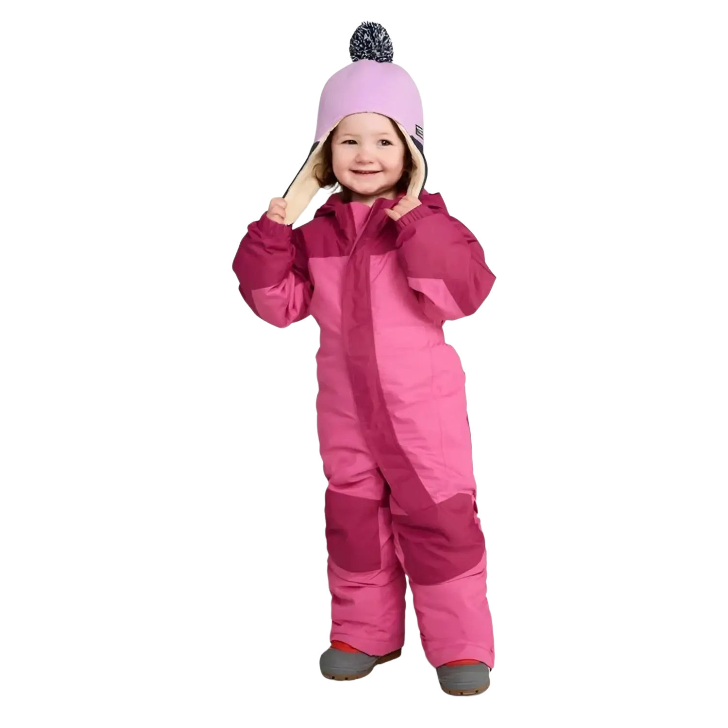 LL Bean Baby Cold Buster Snowsuit in pink berry & dark raspberry, model front view