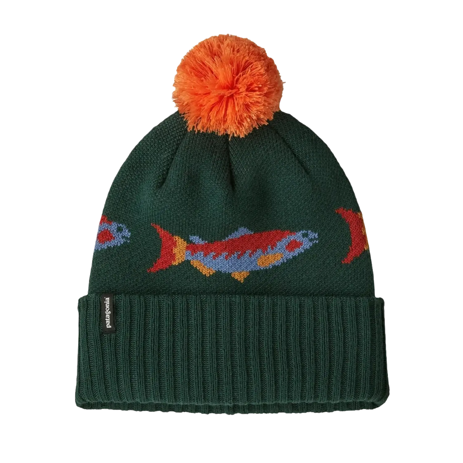 Patagonia Powder Town Beanie in salmon energy stripe & old growth green, front view
