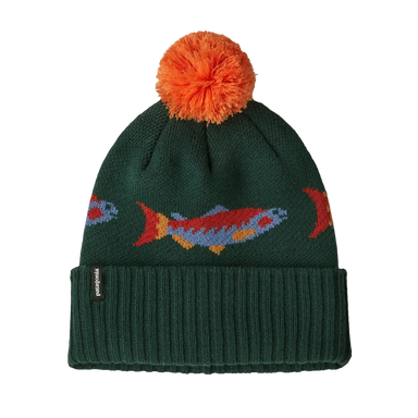 Patagonia Powder Town Beanie in salmon energy stripe & old growth green, front view