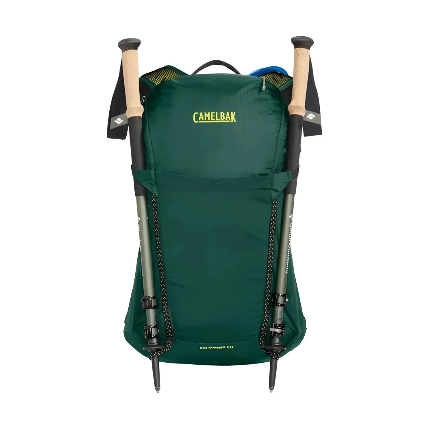 Camelbak Rim Runner™ X22 Hiking Hydration Pack with Crux® 1.5L Reservoir in bistro green, front view with poles attached