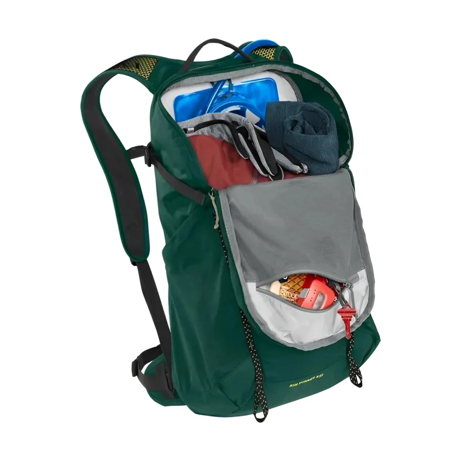 Camelbak Rim Runner™ X22 Hiking Hydration Pack with Crux® 1.5L Reservoir in bistro green, pockets open & packed with gear