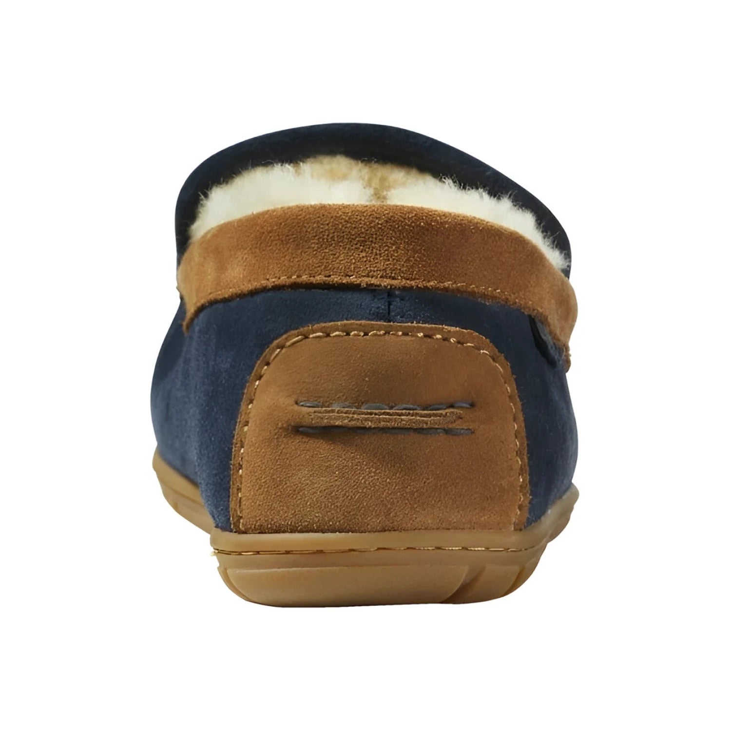 L.L. Bean Men's Wicked Good Slippers in carbon navy & saddle, back view