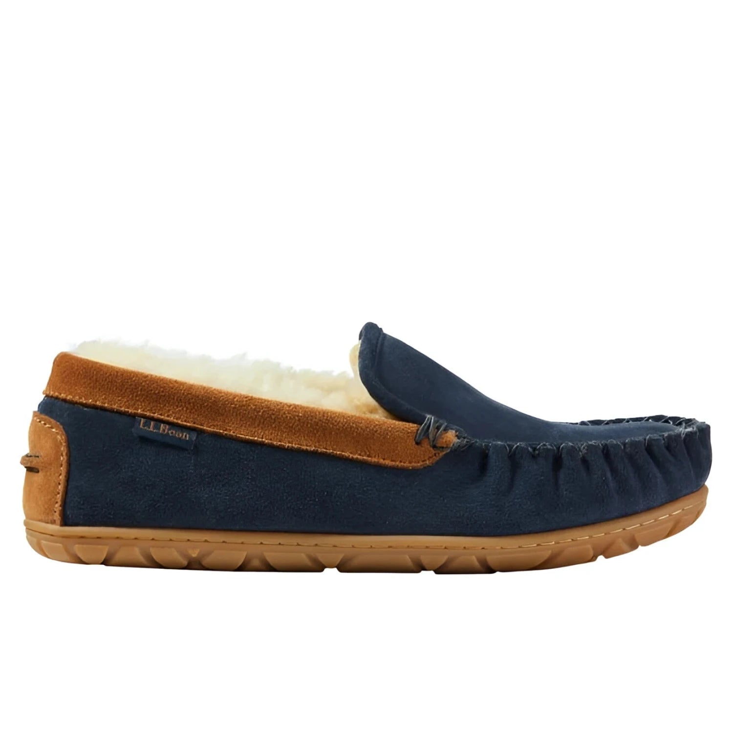 L.L. Bean Men's Wicked Good Slippers in carbon navy & saddle, side view