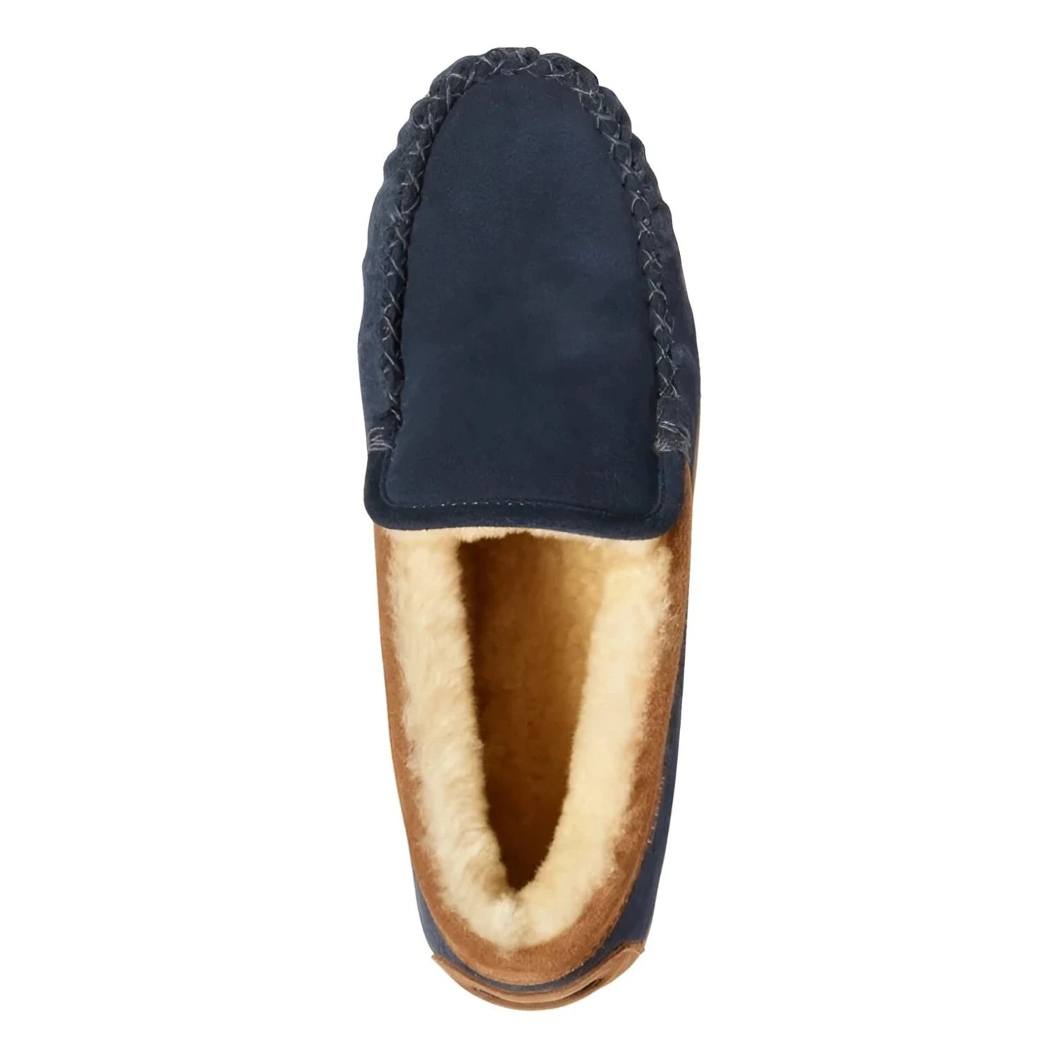 L.L. Bean Men's Wicked Good Slippers in carbon navy & saddle, top view