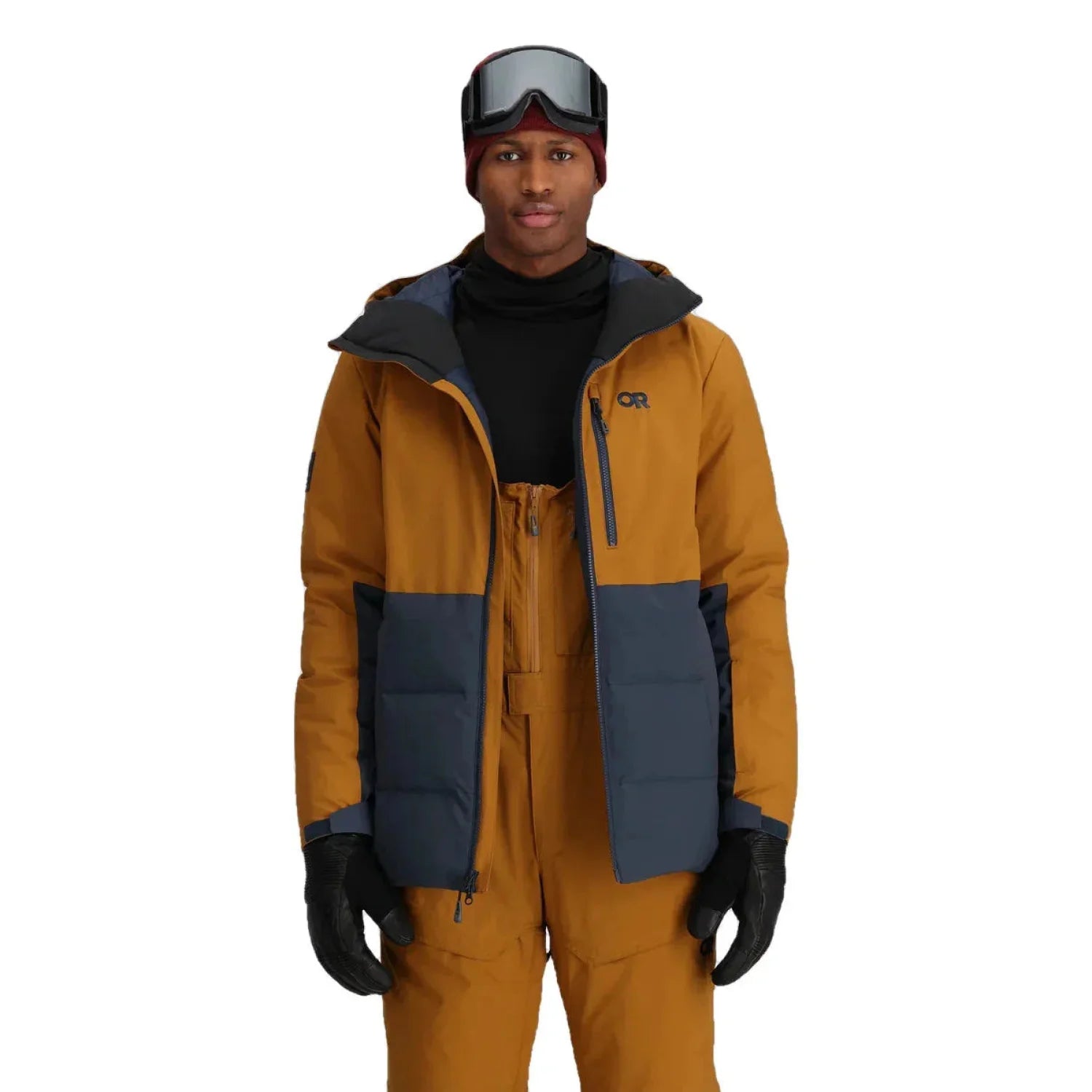Outdoor Research Men's Snowcrew Down Jacket in Bronze and Naval Blue block coloring with OR logo and a vertical zipper on the upper left side of the jacket. Front View with Zipper Open.