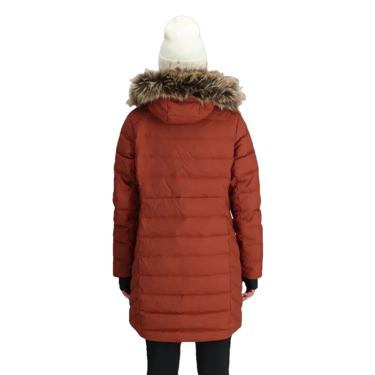 Outdoor Research Women's Coze Lux Down Parka in Brick. A mid-length puffer jacket in a dark orange with a faux fur collar. Back View.