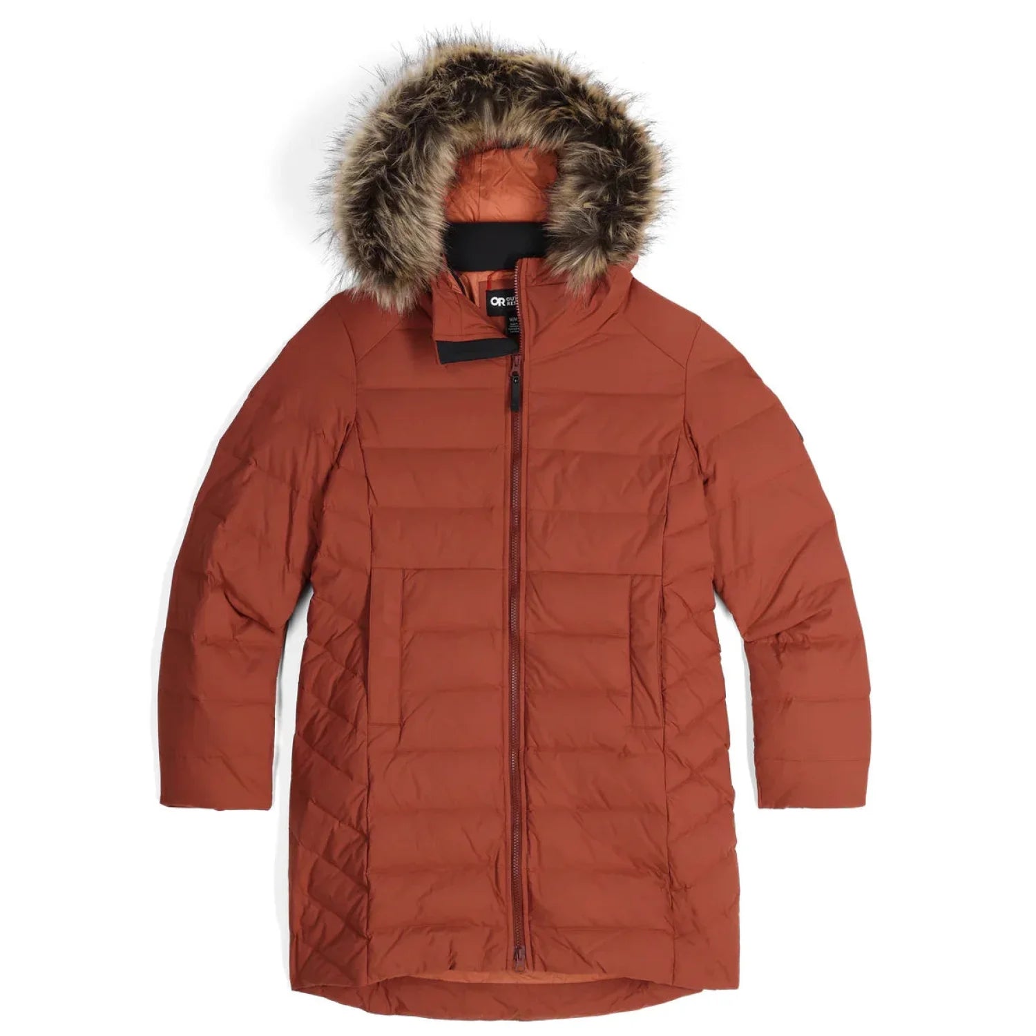 Outdoor Research Women's Coze Lux Down Parka in Brick. A mid-length puffer jacket in a dark orange with a faux fur collar. Laying flat.