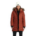 Outdoor Research Women's Coze Lux Down Parka in Brick. A mid-length puffer jacket in a dark orange with a faux fur collar. Front View with Zipper Open..
