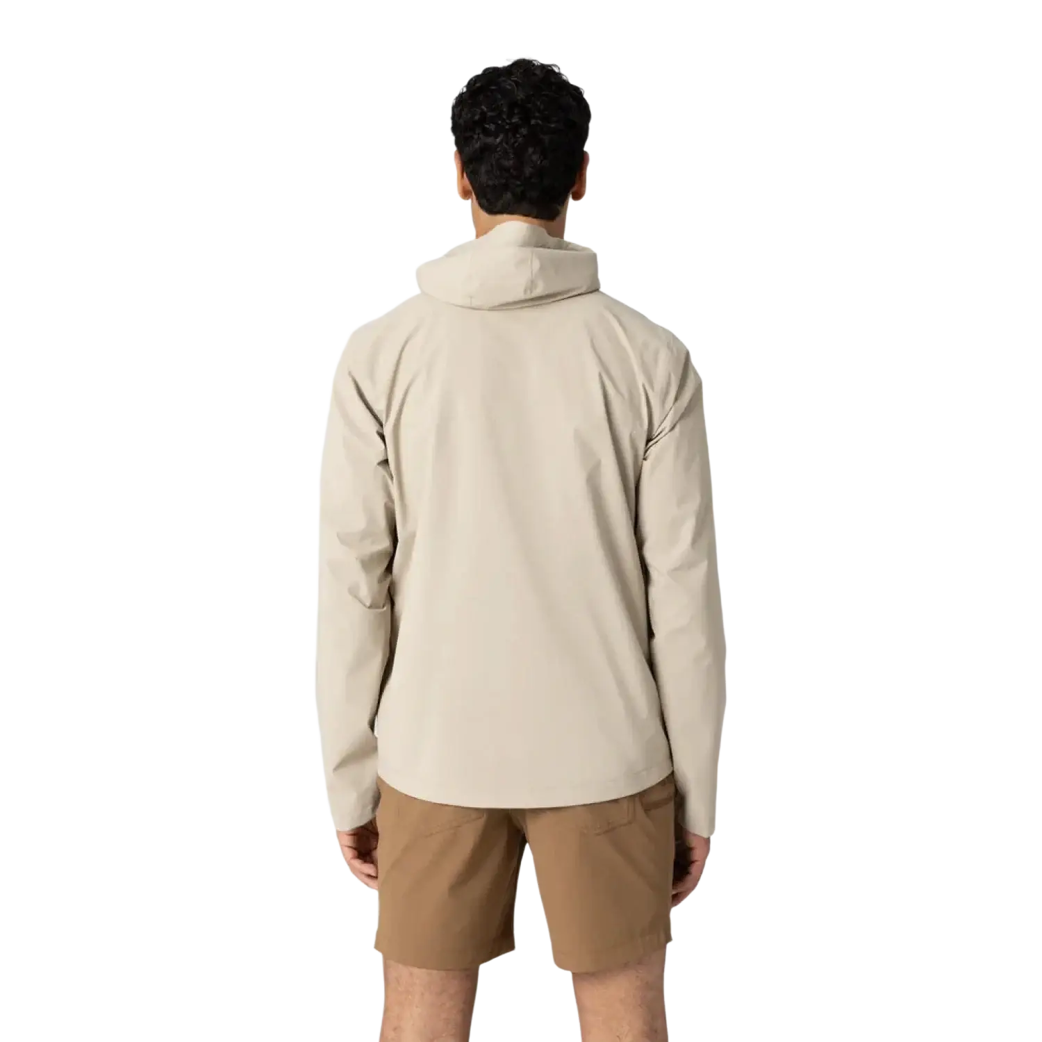 Outdoor Research Men's Stratoburst Stretch Rain Jacket in pro khaki, on model back view