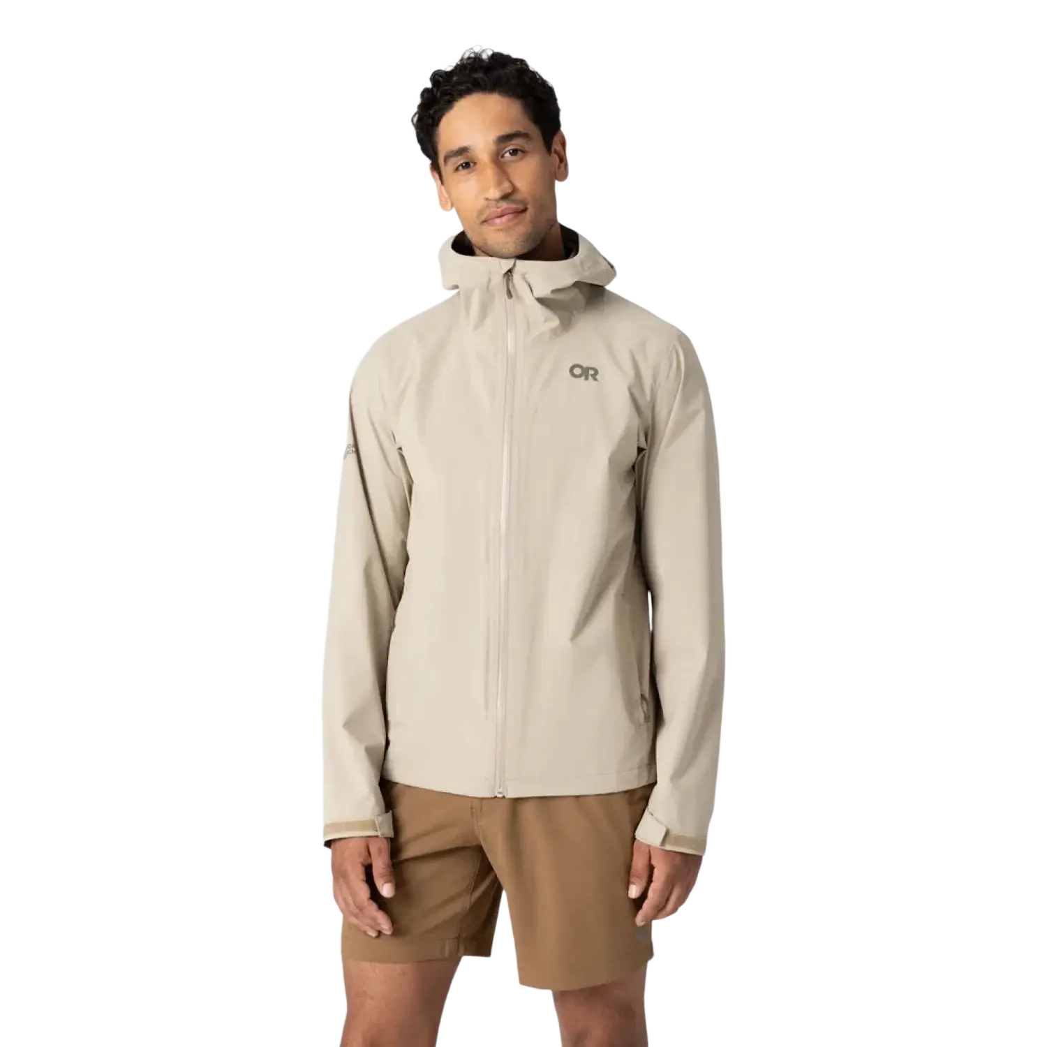 Outdoor Research Men's Stratoburst Stretch Rain Jacket in pro khaki, on model front view