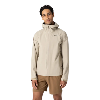 Outdoor Research Men's Stratoburst Stretch Rain Jacket in pro khaki, on model front view