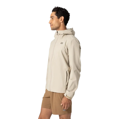 Outdoor Research Men's Stratoburst Stretch Rain Jacket in pro khaki, on model side view