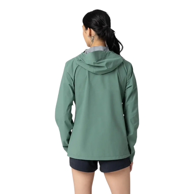 Outdoor Research Women's Stratoburst Stretch Rain Jacket in malachite, on model back view
