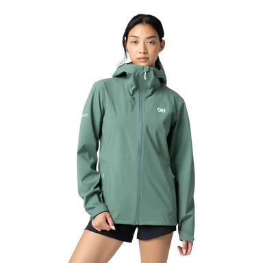 Outdoor Research Women's Stratoburst Stretch Rain Jacket in malachite, on model front view