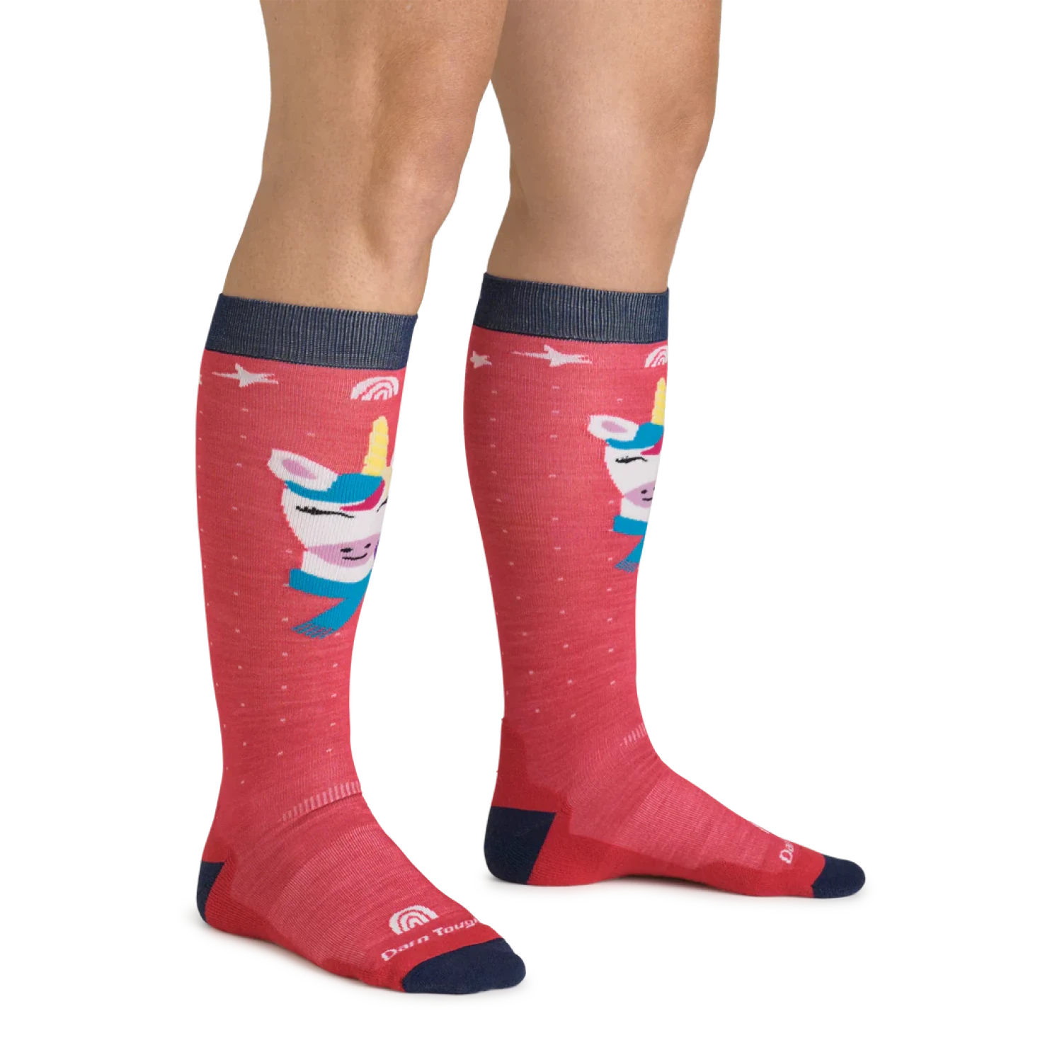 Darnt Tough Kid's Magic Mountain Over-the-Calf Midweight Ski & Snowboard Socks in raspberry, on model view