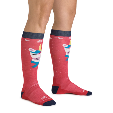 Darnt Tough Kid's Magic Mountain Over-the-Calf Midweight Ski & Snowboard Socks in raspberry, on model view