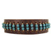 Bronwen brown leather cuff braclet with rows of persian blue beads flanked by smaller gold beads.