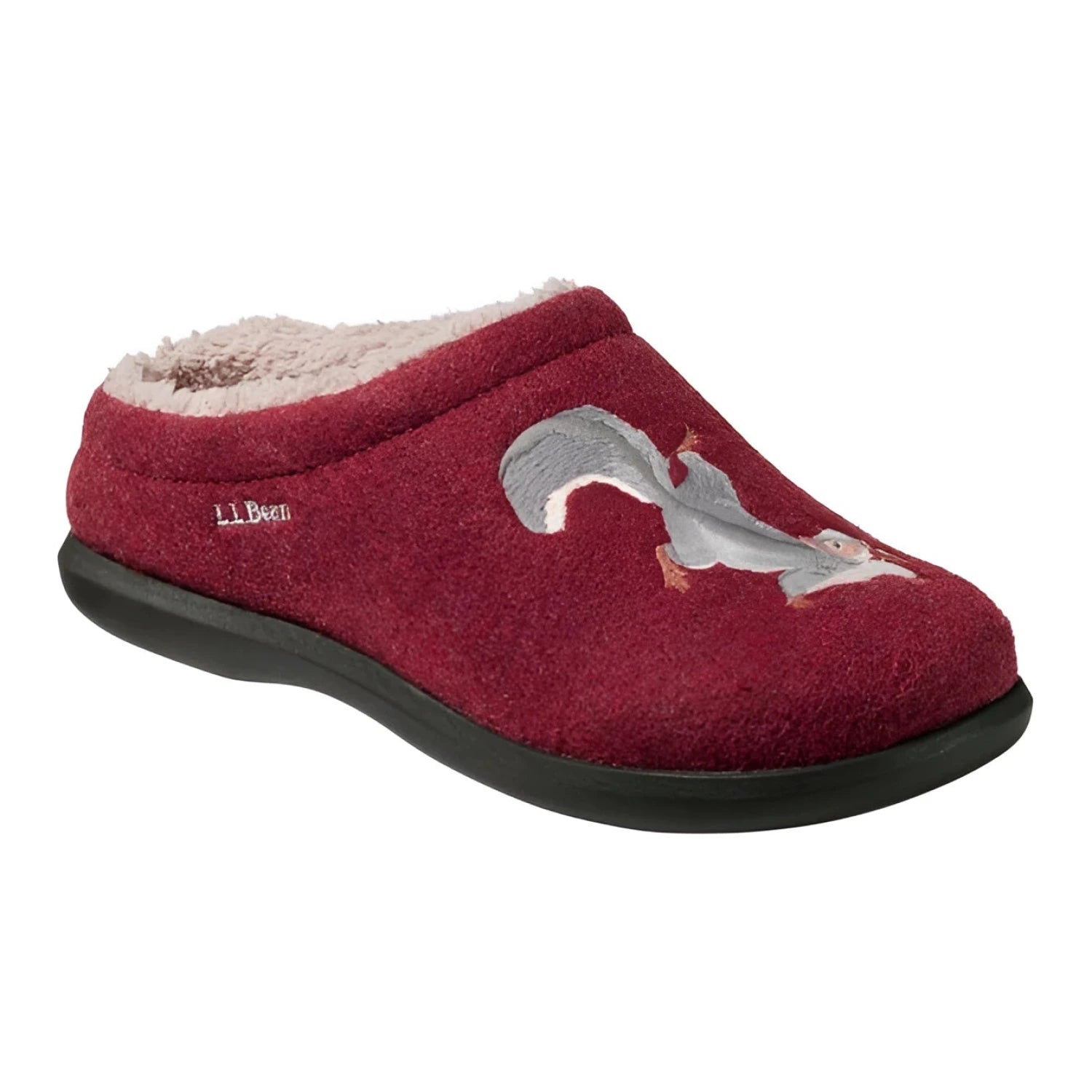L.L. Bean Women's Daybreak Scuffs in deep red & squirrels, front view