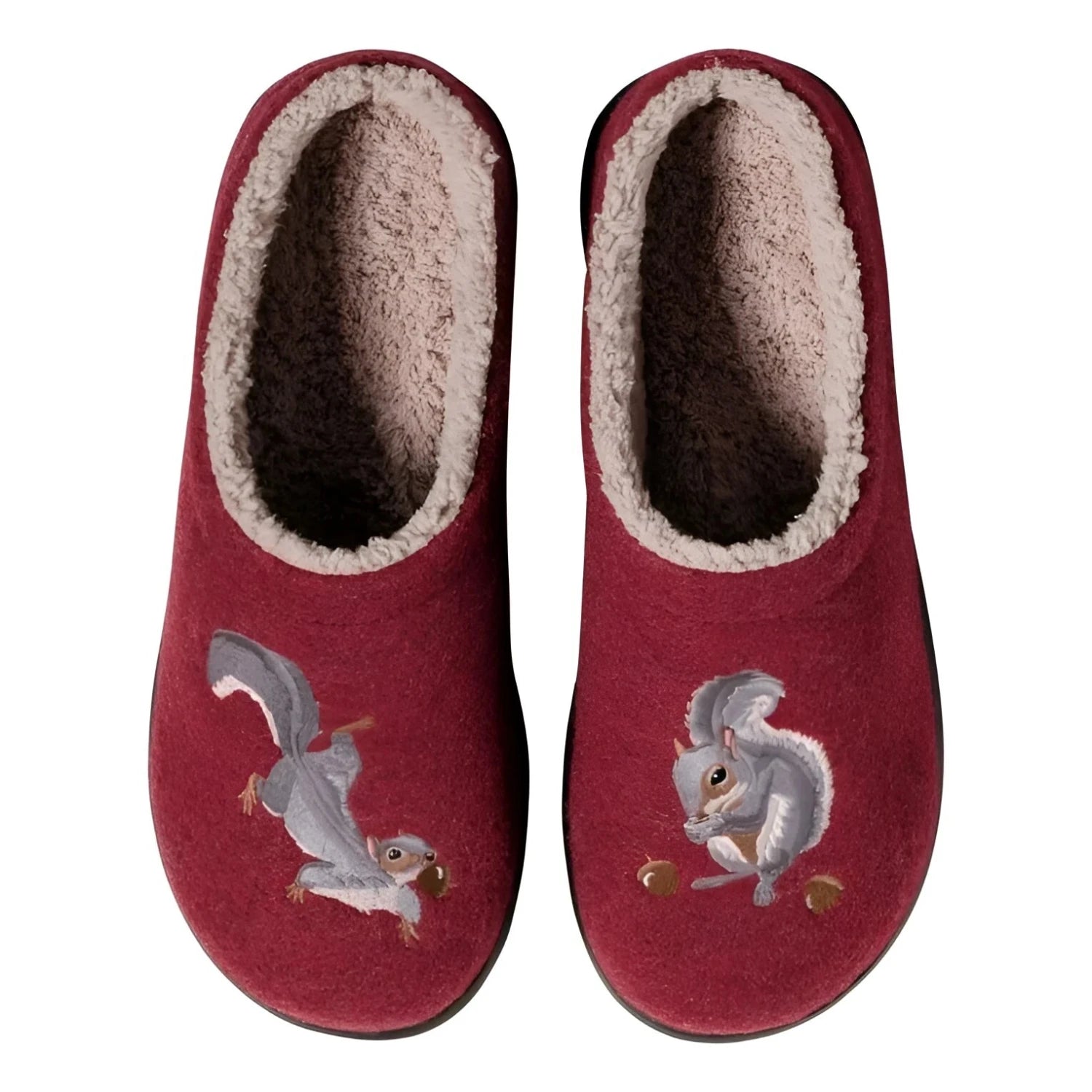 L.L. Bean Women's Daybreak Scuffs in deep red & squirrels, top pair view