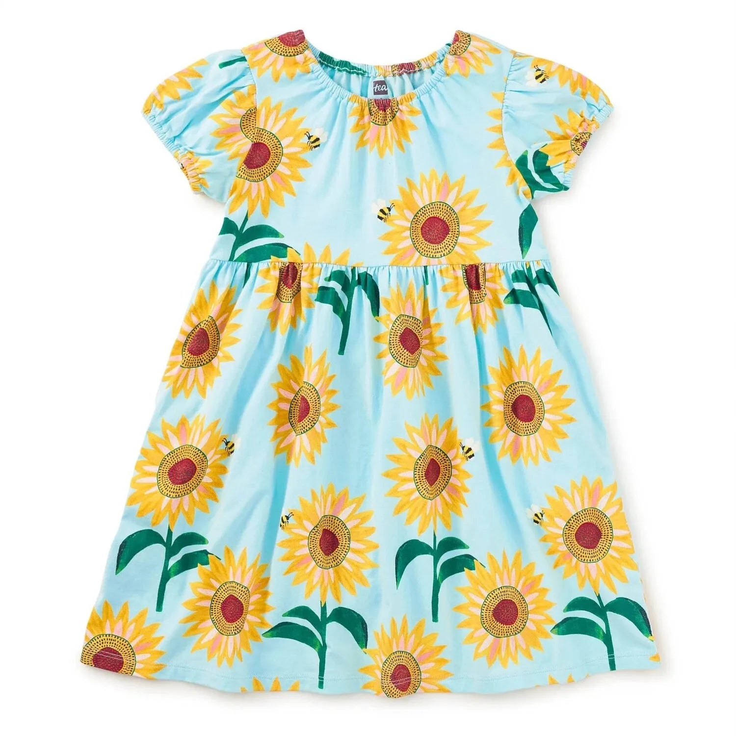 Tea Collection Girl's Puff Sleeve Empire Dress in painted sunflowers, flat front view