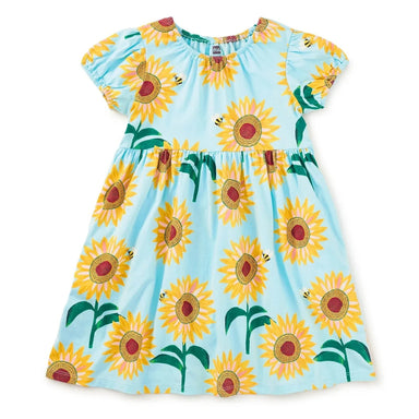 Tea Collection Girl's Puff Sleeve Empire Dress in painted sunflowers, flat front view
