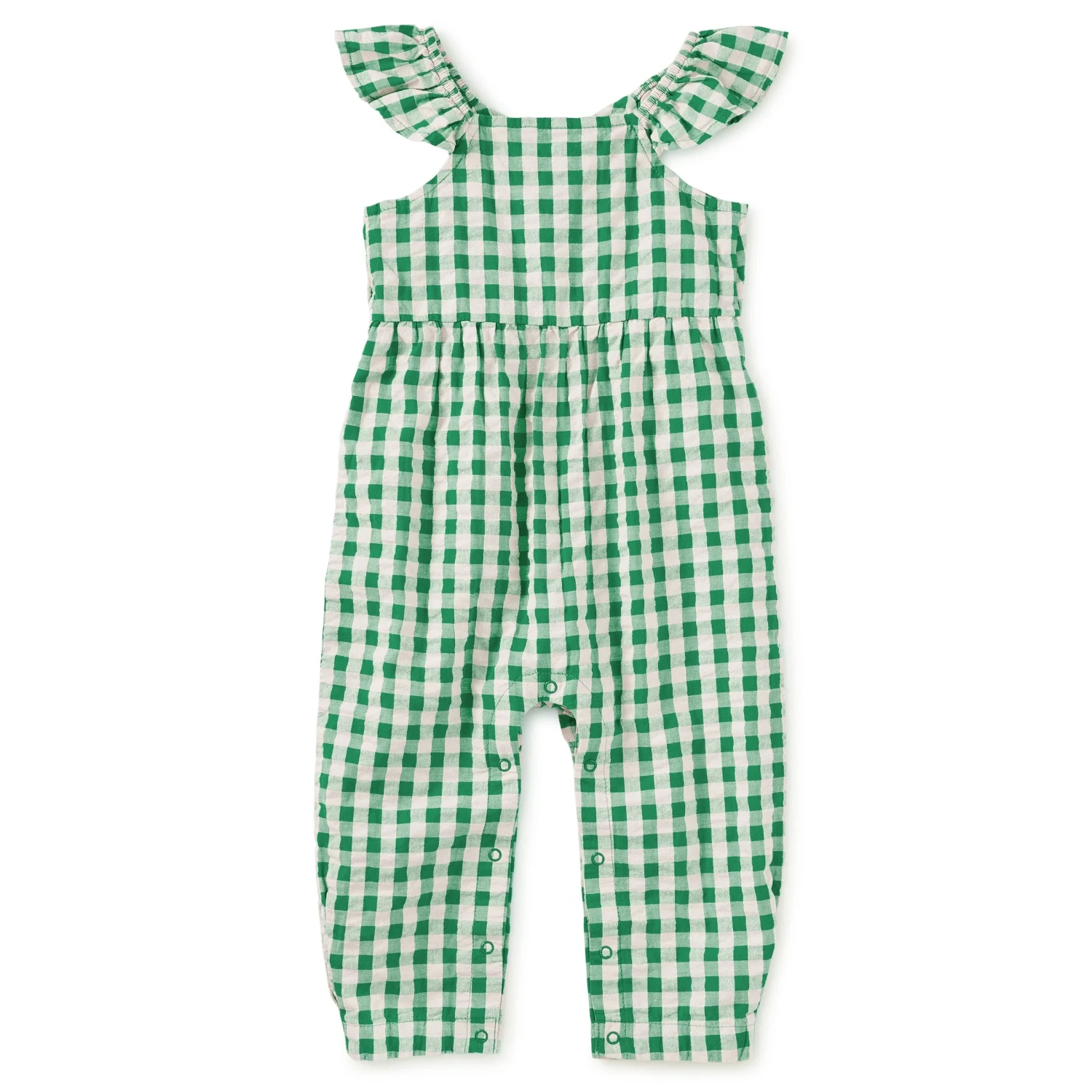 Tea Collection Baby Flutter Button Back Romper in garden party check, flat front view