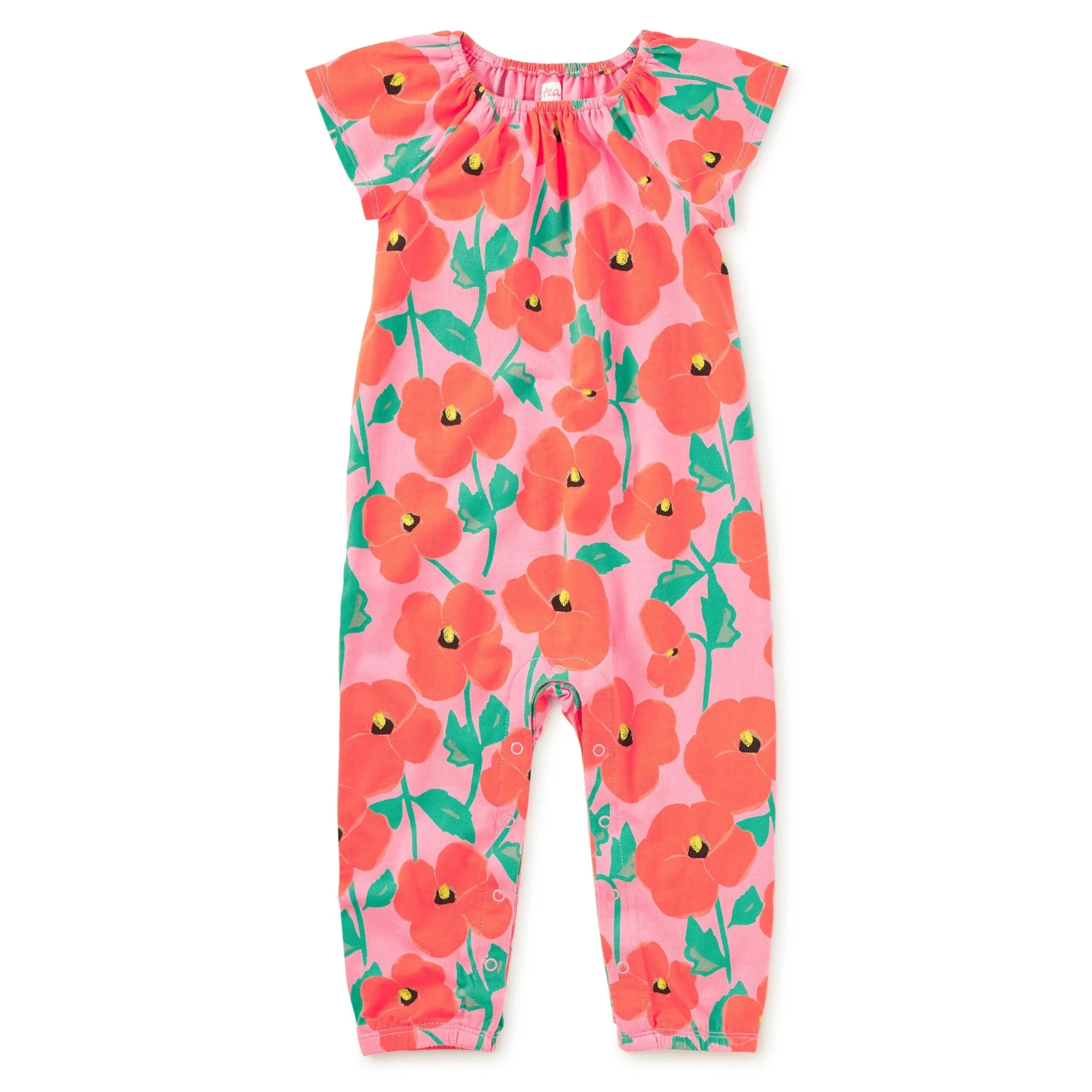 Tea Collection Baby Tulip Sleeve Romper in poppy poppies, flat front