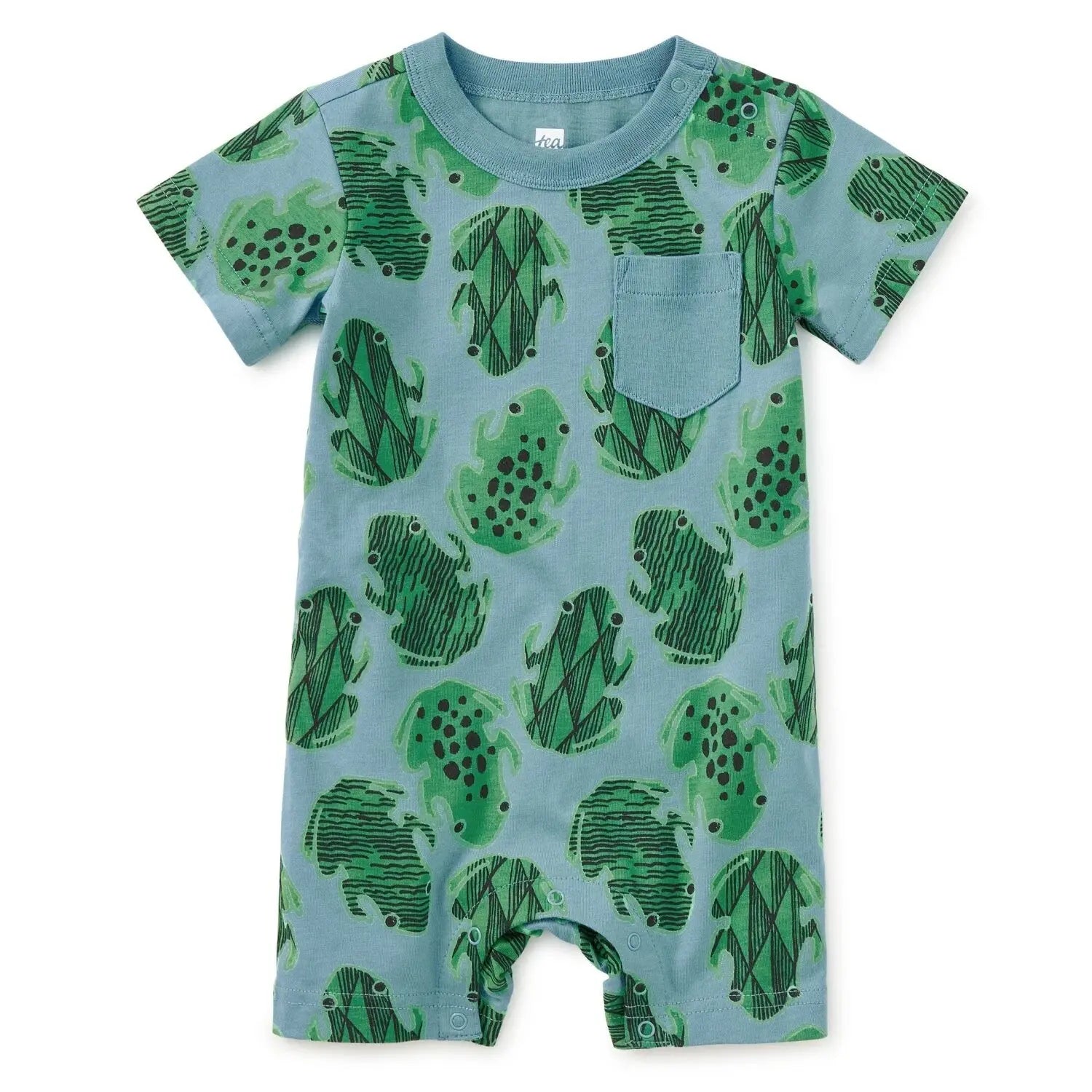 Tea Collection Baby Pocket Shortie Romper in hopalong frogs, flat front view