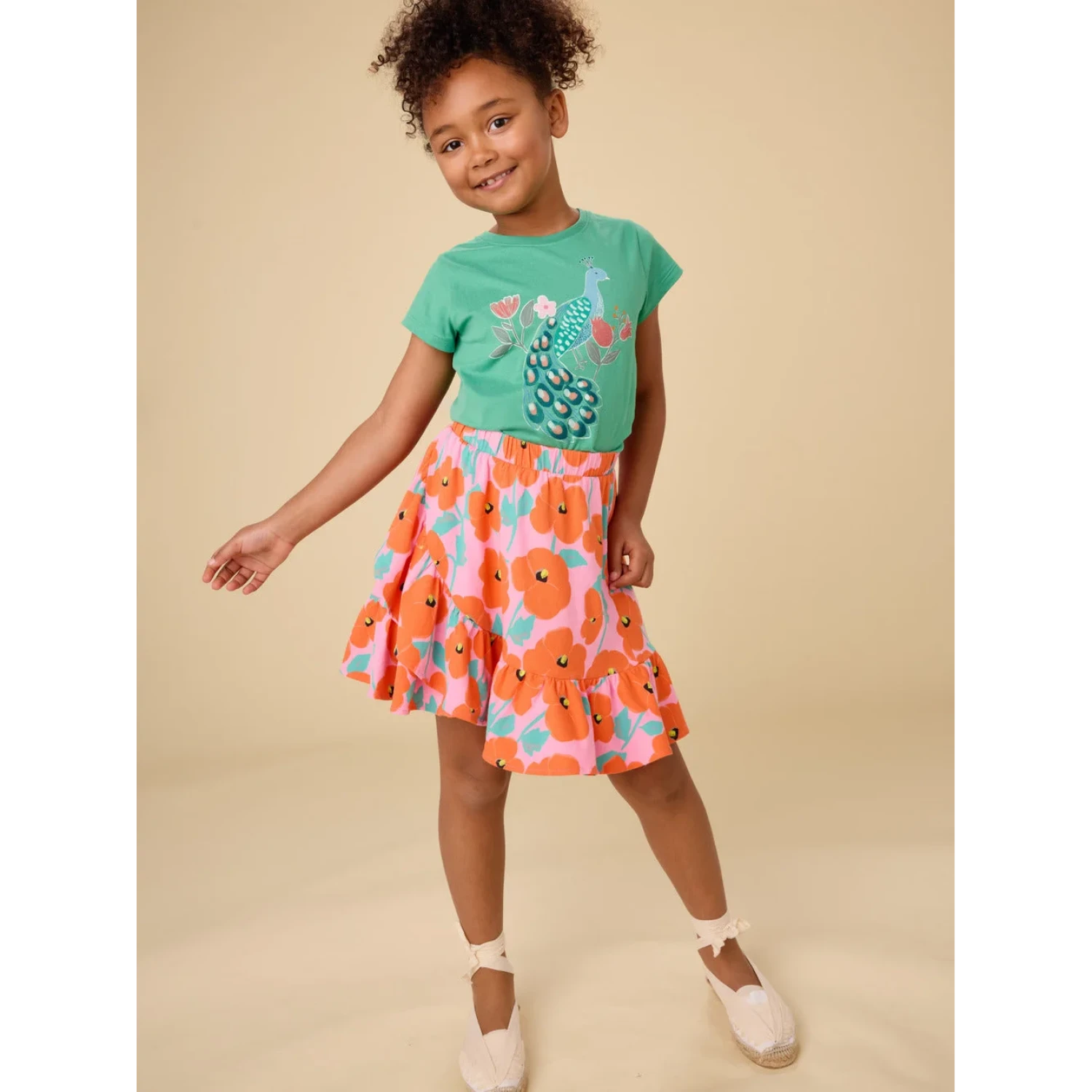 Tea Collection Girl's Alhambra Peacock Graphic Tee in spinach, on model front view