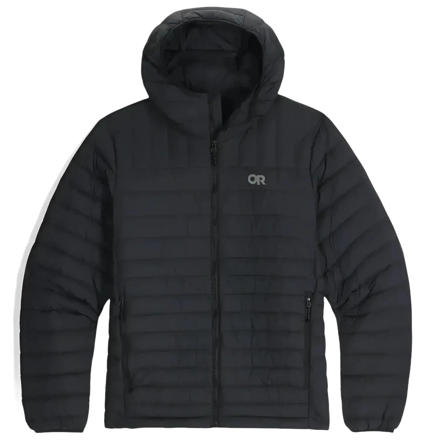 Outdoor Research Men's Transcendent Down Hoodie in black, flat front view