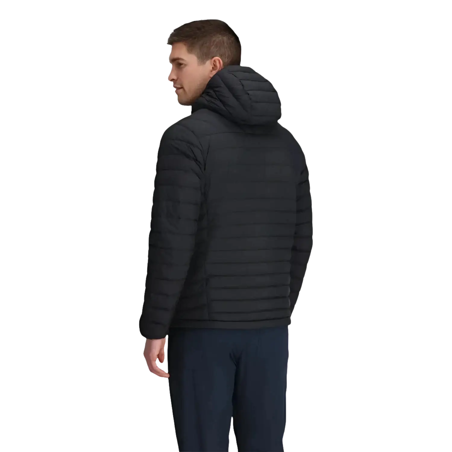 Outdoor Research Men's Transcendent Down Hoodie in black, on model back view