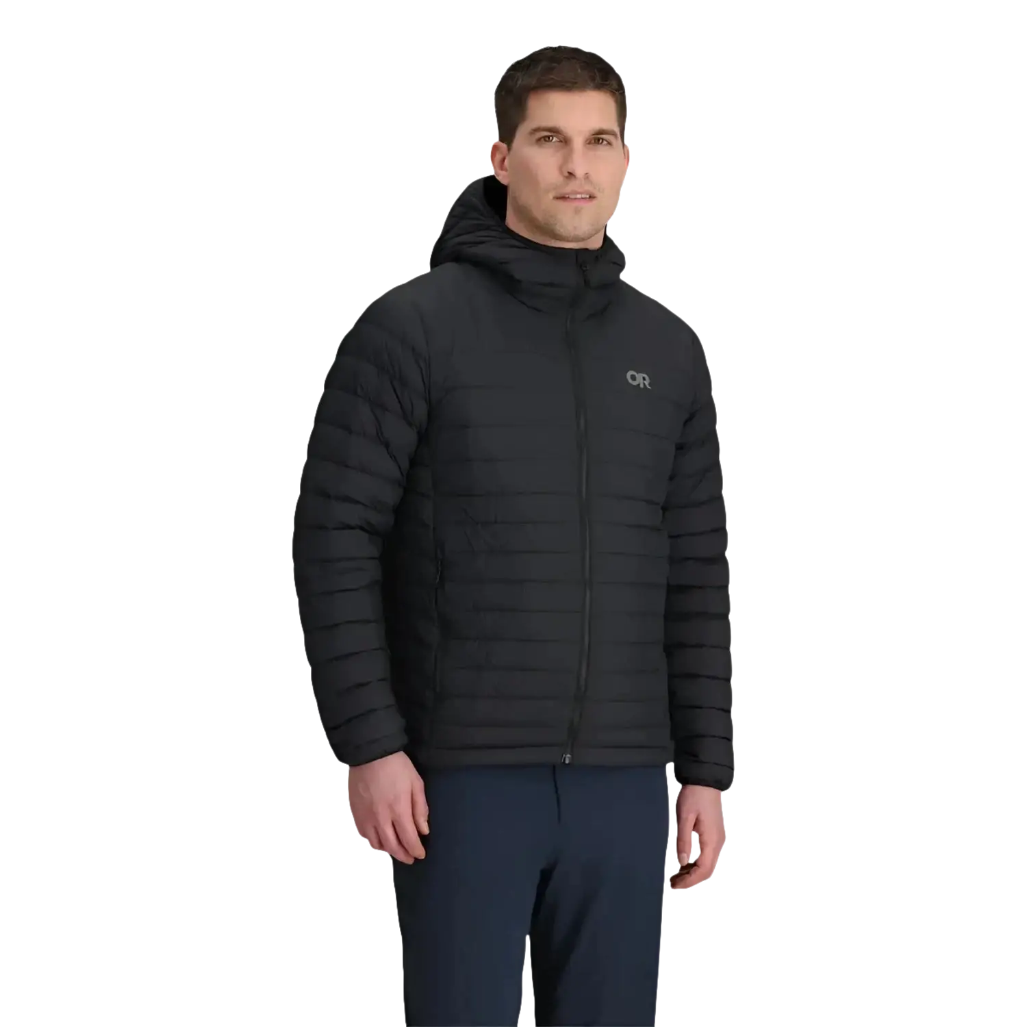 Outdoor Research Men's Transcendent Down Hoodie in black, on model front view