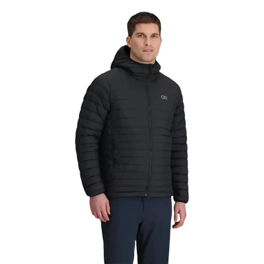 Outdoor Research Men's Transcendent Down Hoodie in black, on model front view