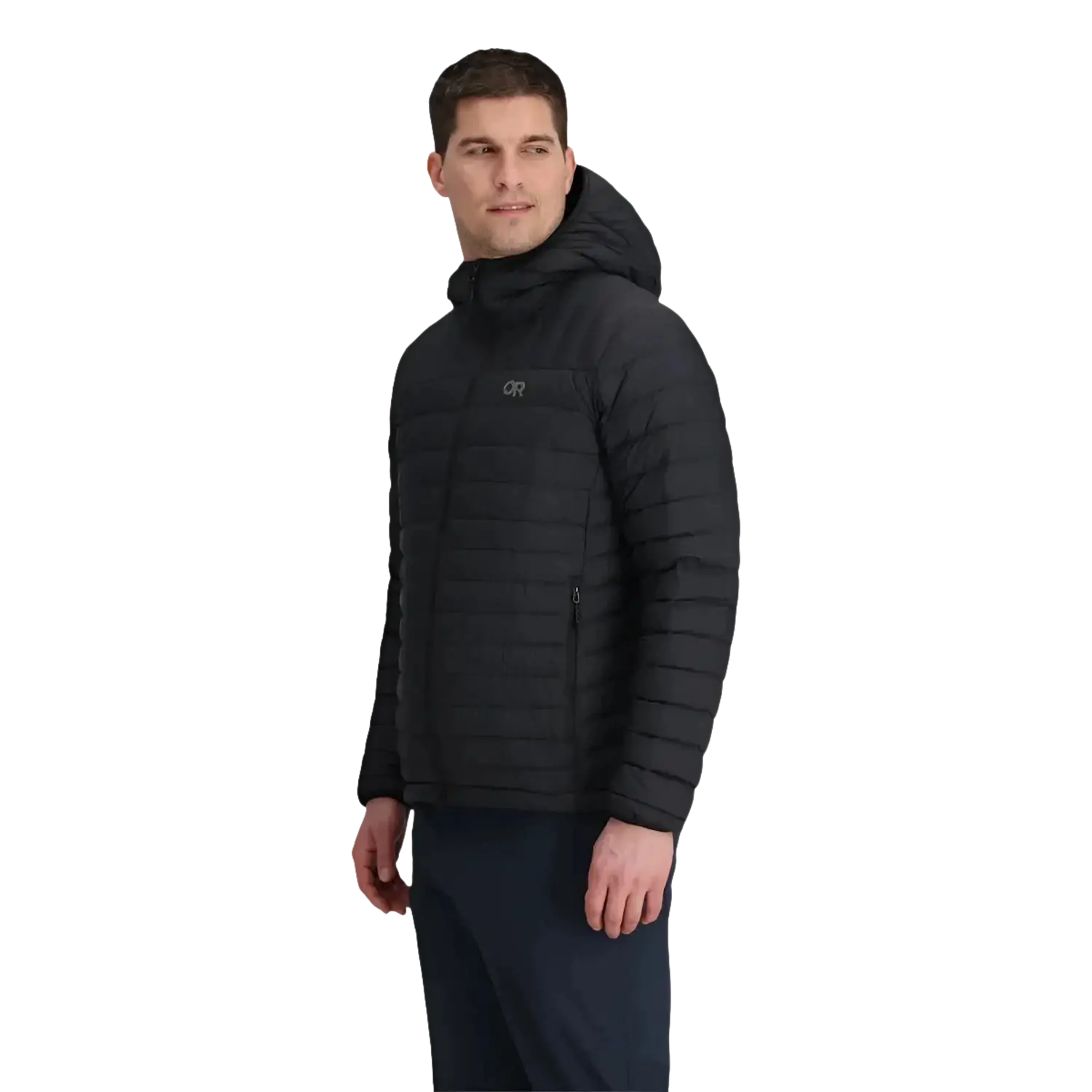 Outdoor Research Men's Transcendent Down Hoodie in black, on model side view