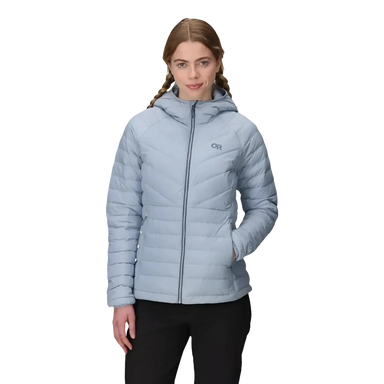Outdoor Research Women's Transcendent Down Hoodie in fjord, on model front view