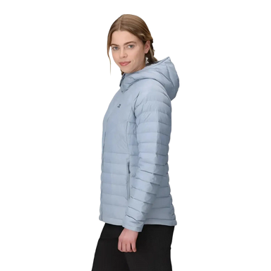Outdoor Research Women's Transcendent Down Hoodie in fjord, on model side view