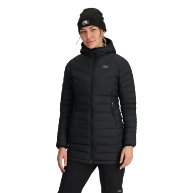 Outdoor Research Women's Transcendent Down Parka in black, on model front view