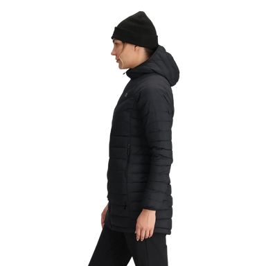 Outdoor Research Women's Transcendent Down Parka in black, on model side view