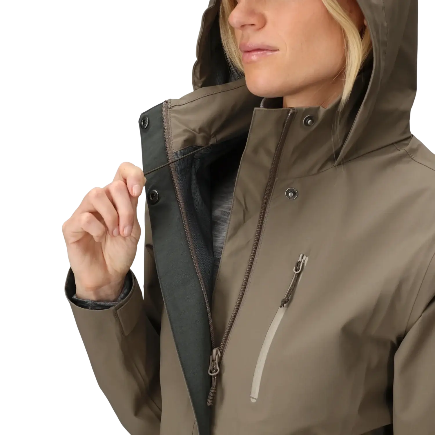 Outdoor Research Women's Aspire 3L Trench in skyline, on model hood adjustment view