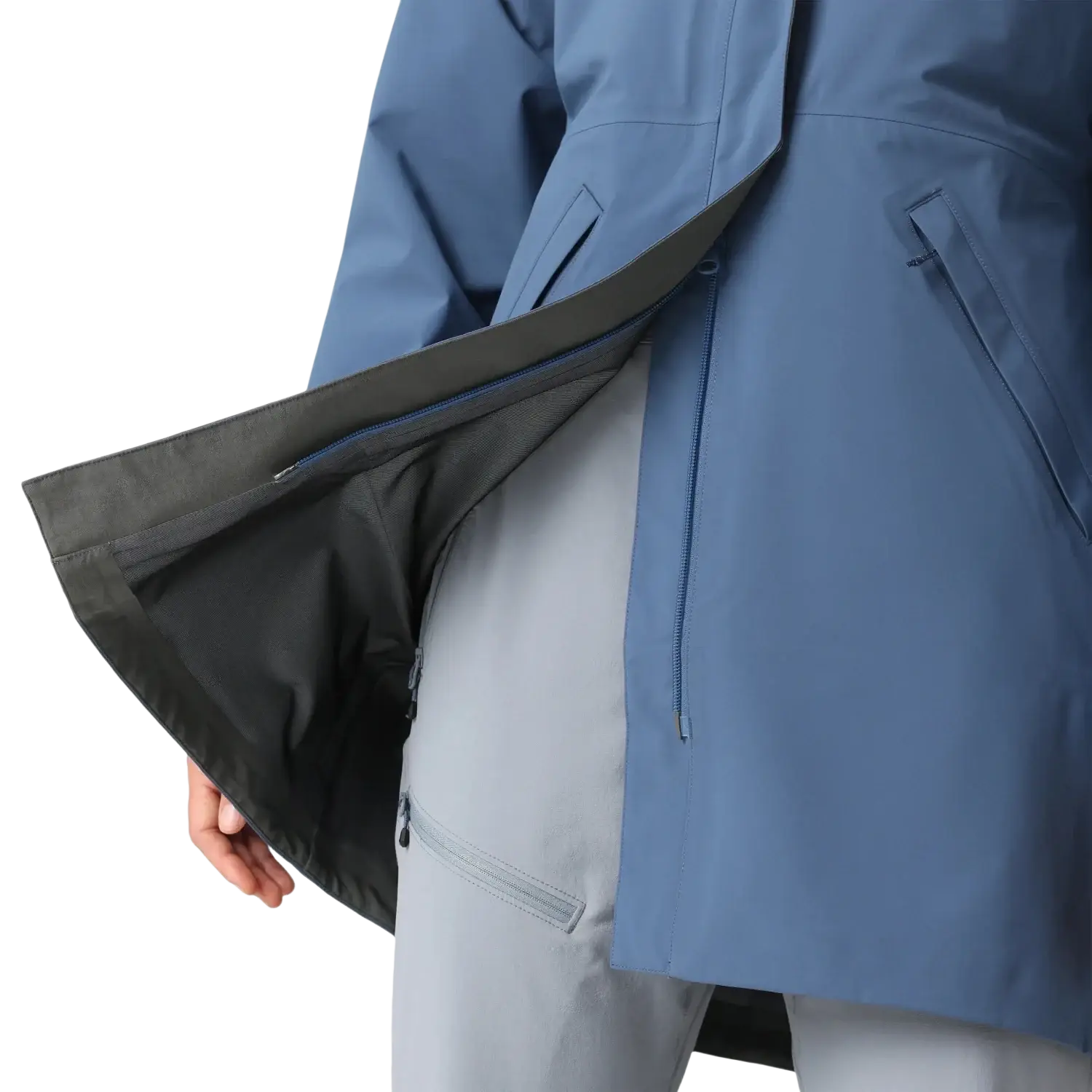 Outdoor Research Women's Aspire 3L Trench in skyline, on model 2 way zipper view