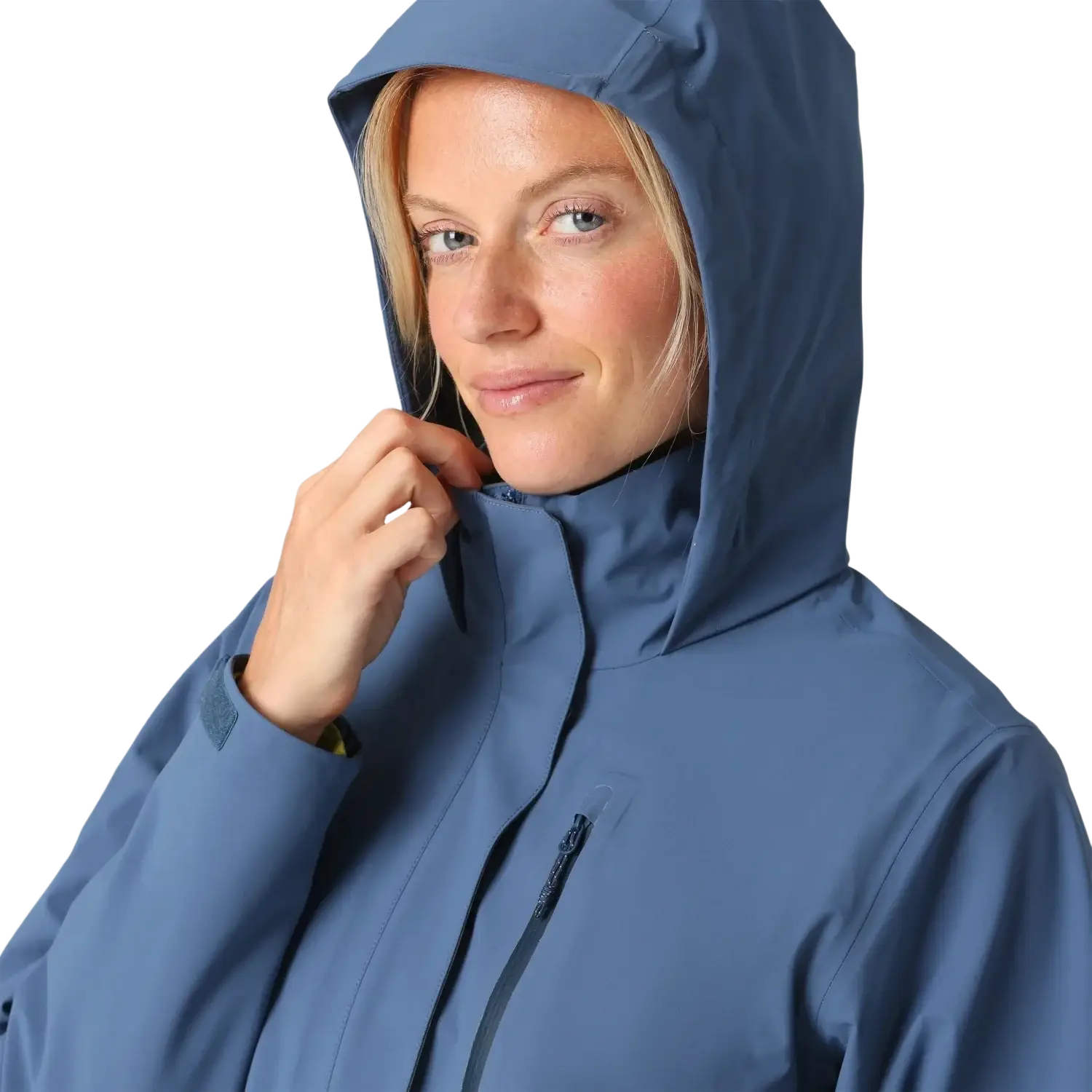 Outdoor Research Women's Aspire 3L Trench in skyline, on model hood up view