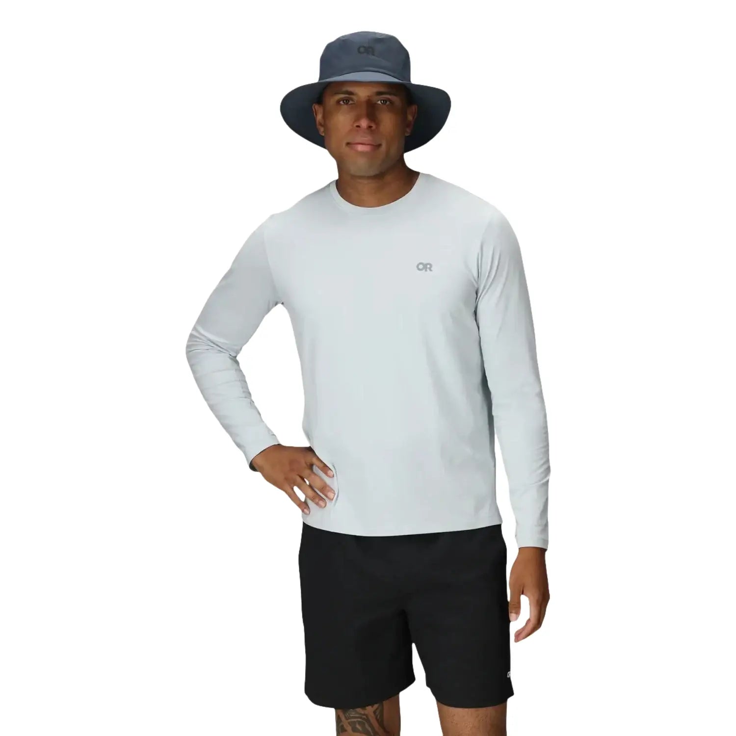 Outdoor Research Stratoburst Rain Hat in blue, on model front view