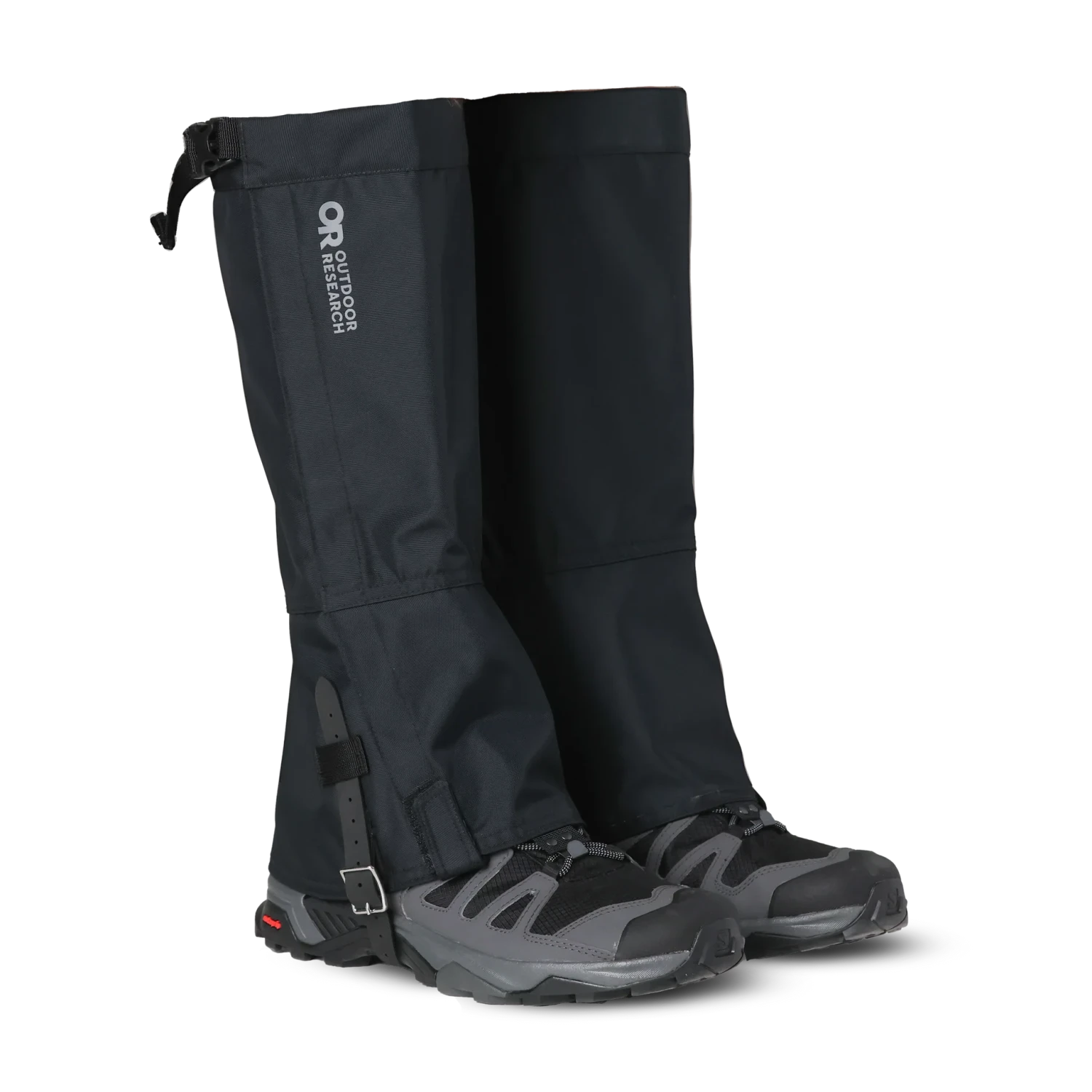 Outdoor Research Men's Rocky Mountain High Gaiters II in black, pair view on boots