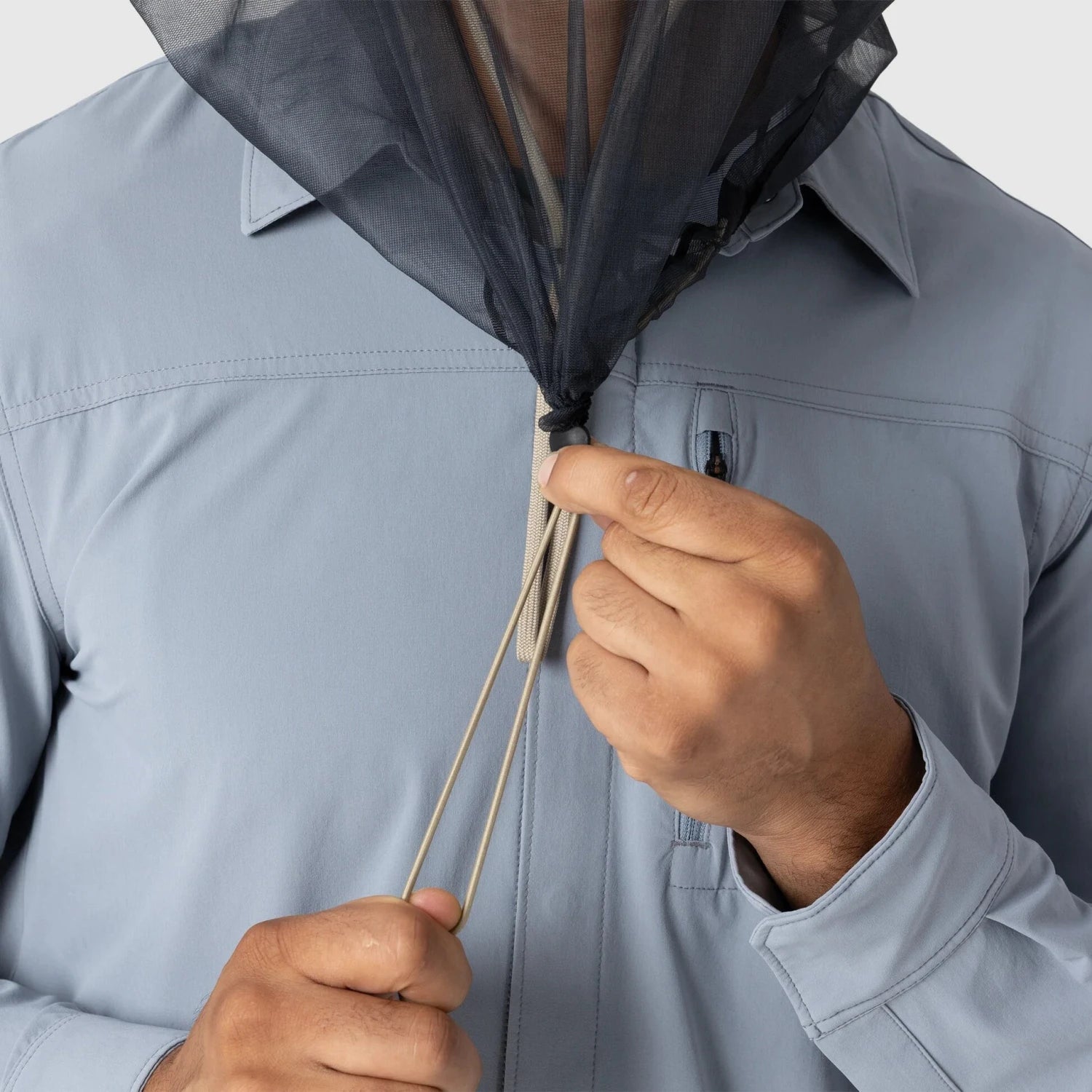 Outdoor Research Helios Bug Hat in pro khaki, on model net cinch detail