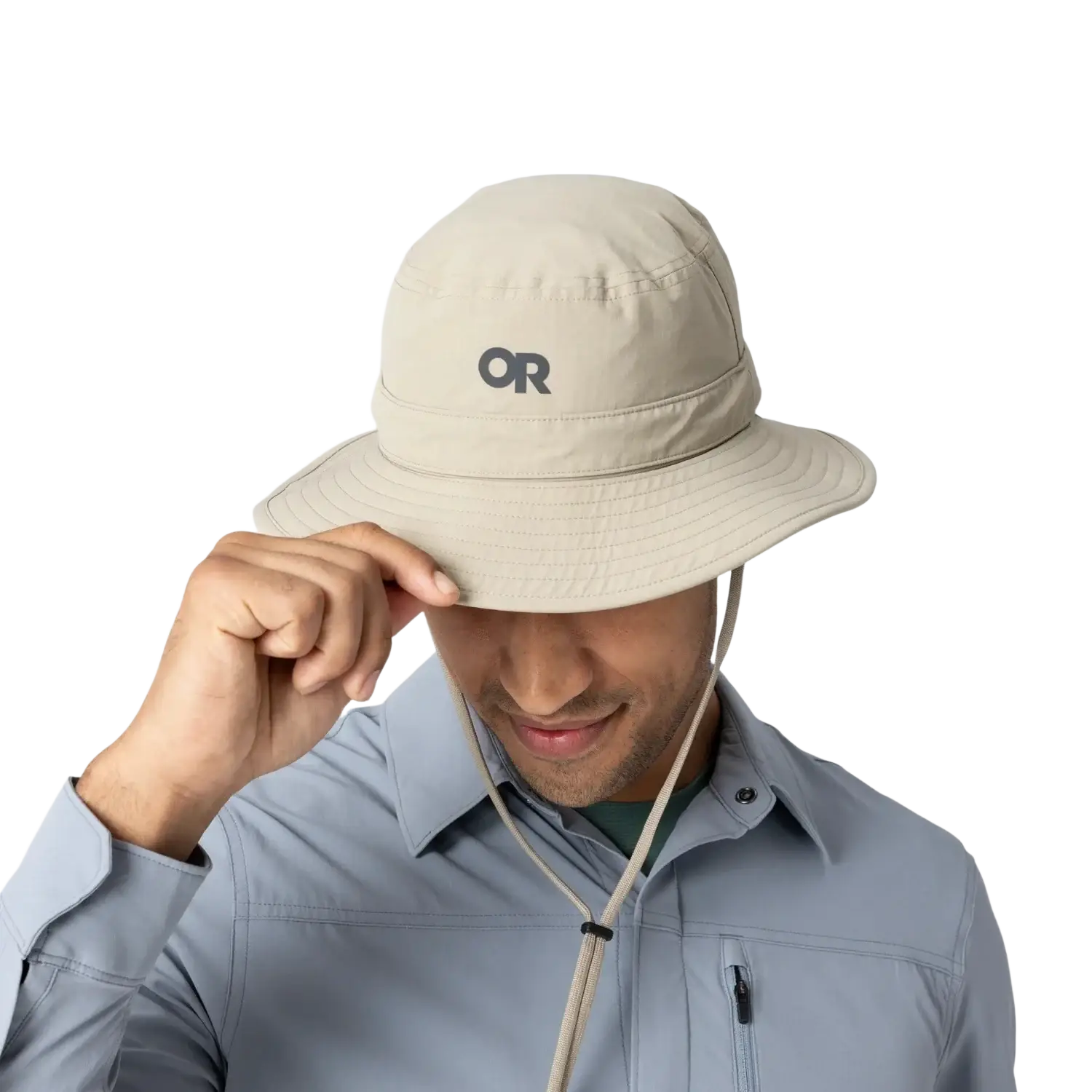 Outdoor Research Helios Bug Hat in pro khaki, on model front view net packed