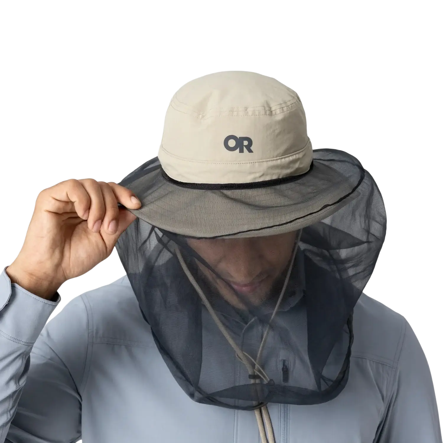 Outdoor Research Helios Bug Hat in pro khaki, on model front view net down