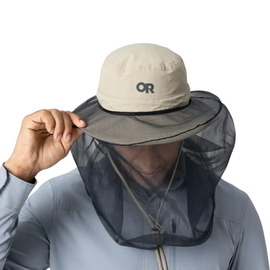 Outdoor Research Helios Bug Hat in pro khaki, on model front view net down