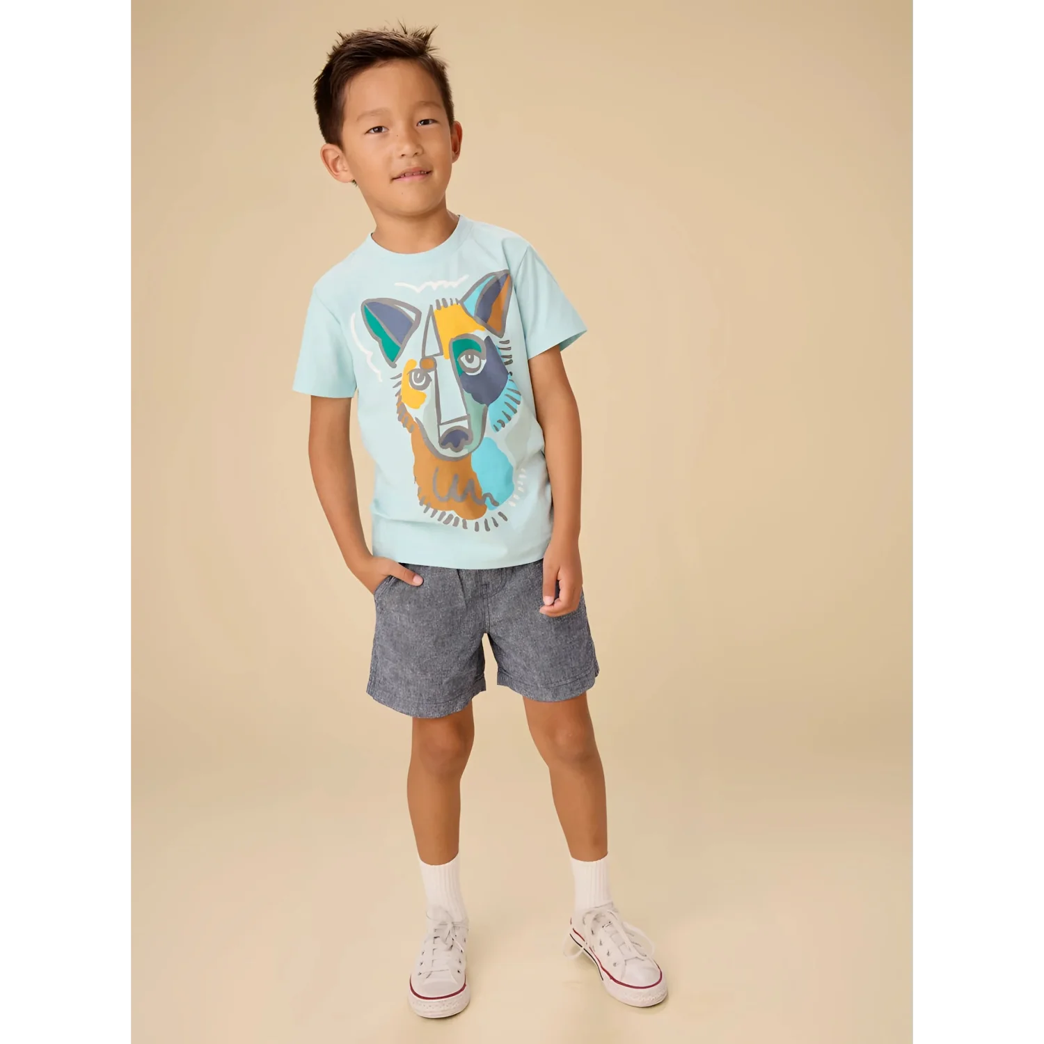 Tea Collection Boy's Picasso Wolf Graphic Tee in canal blue, front model view