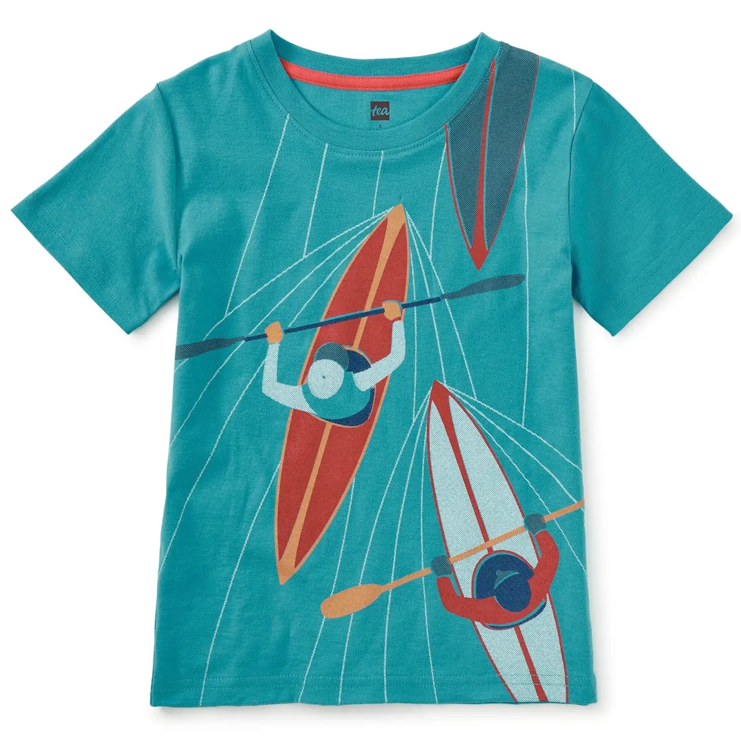 Tea Collection Boy's Kayakers Graphic Tee in pagoda blue, front view